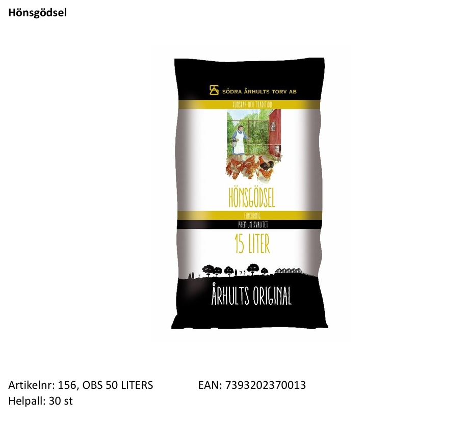 Standardkollektion:  Hönsgödsel  50 Liter  Helpall: 30 st - 2
