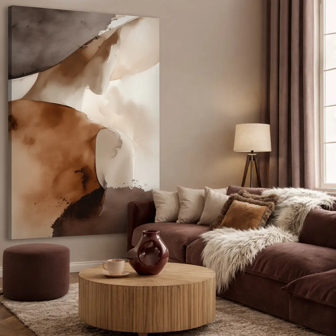 Lerretsbilde med abstrakt profil i myke brune og beige toner.