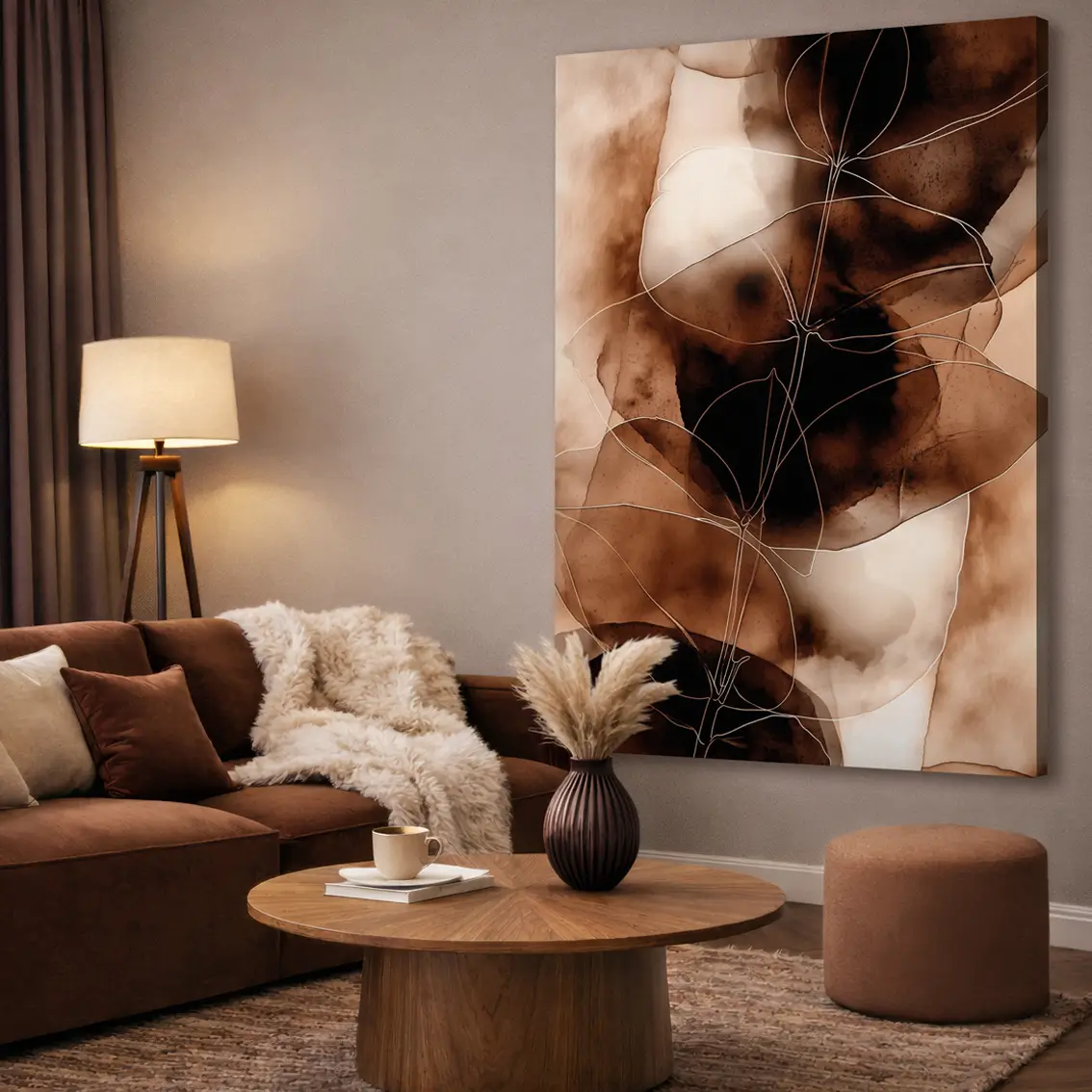 Lerretsbilde med abstrakte blader i varme jordtoner.