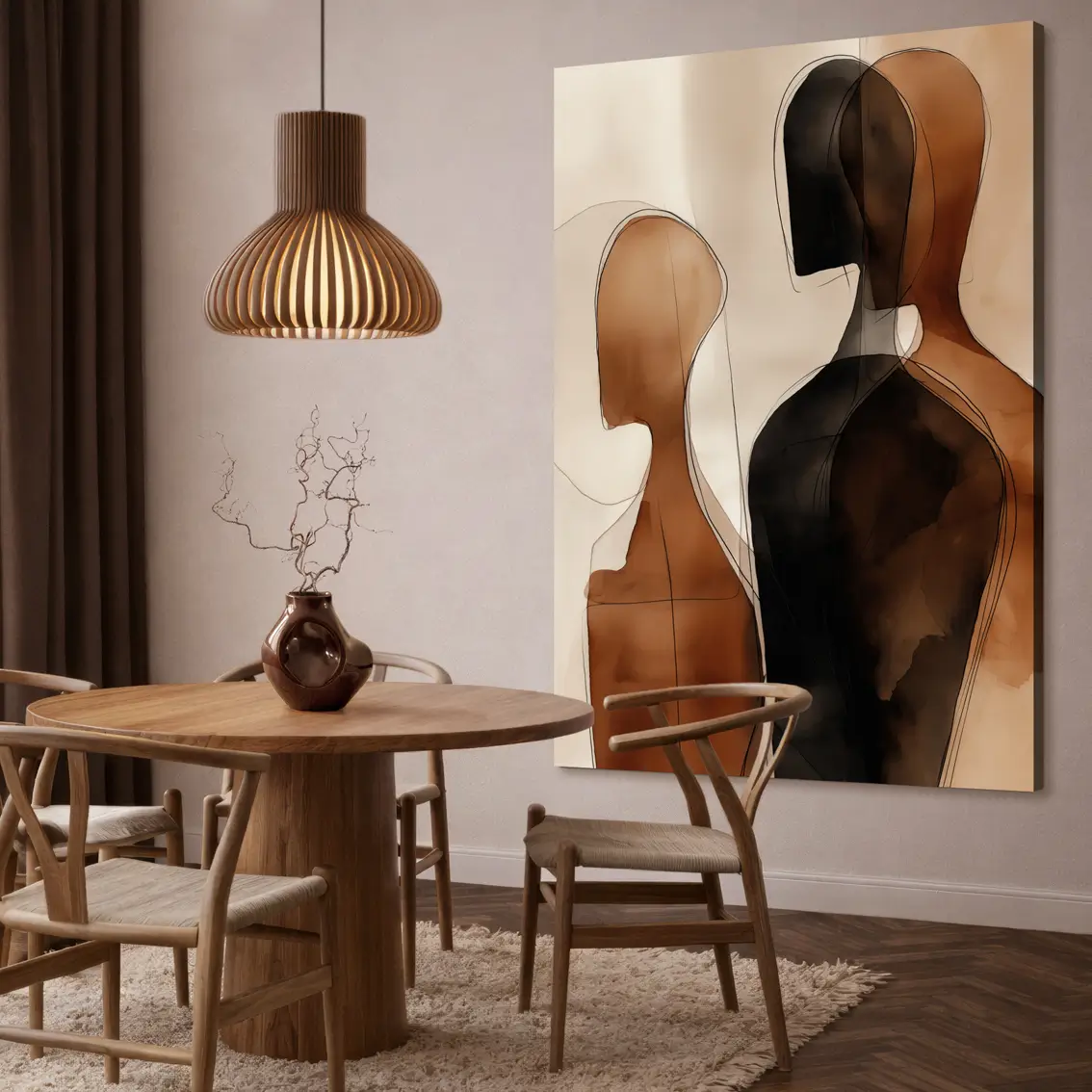 Lerretsbilde med dobbel profil i varme brune og beige toner.