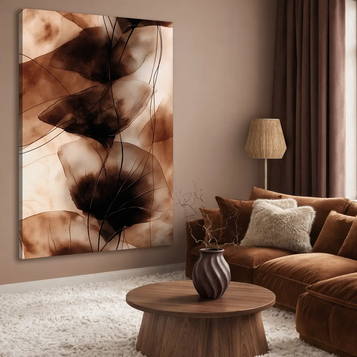 Lerretsbilde med myke blader i varme brune og beige toner. 
