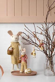 Easter decoration - Small White Girly Bunny with Yellow Dress & Egg Basket