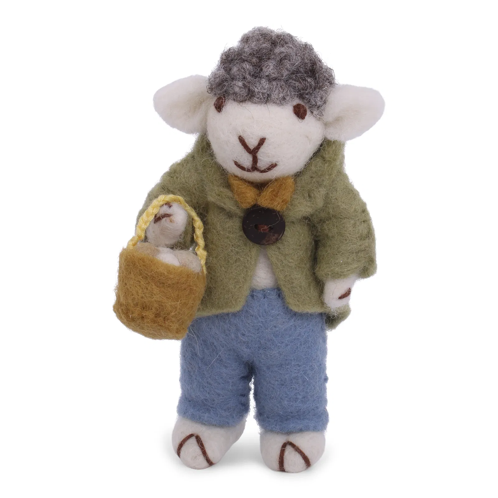 Easter decoration - Small Grey Boy Sheep with Green Jacket & Egg Basket