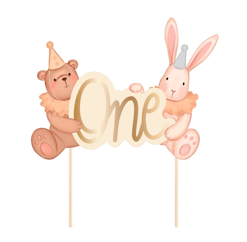 Cake topper "One" - Nallebjörn & Kanin -1