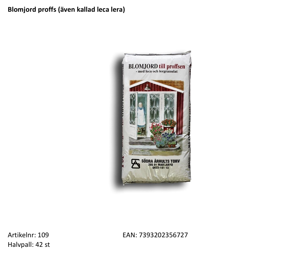 Standardkollektion:  Blomjord proffs (även kallad leca lera)  20 Liter  Halvpall: 42 st - 2