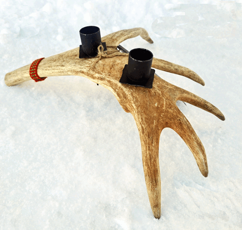 Candle Stick Reindeer Antler Light, 2 Iron Sami decor, Handmade Arctic design Jokkmokk