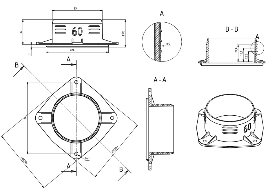 T7-Design - Luftutlopp / Anslutning i Plast flänsad 60mm - 2