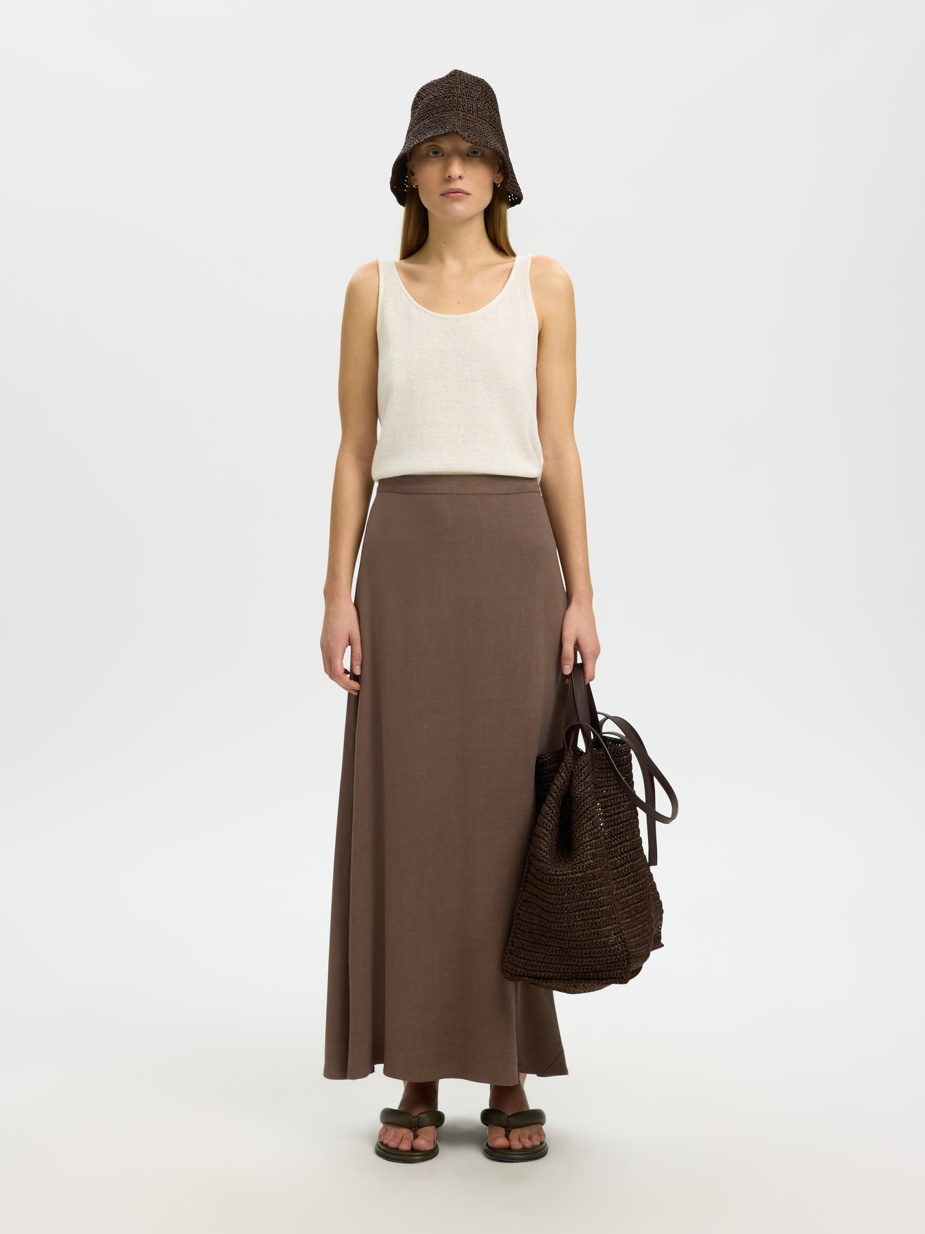 SLWVIVA HW ANKLE LINEN BLEND SKIRT NOOS Chocolate Chip - 4