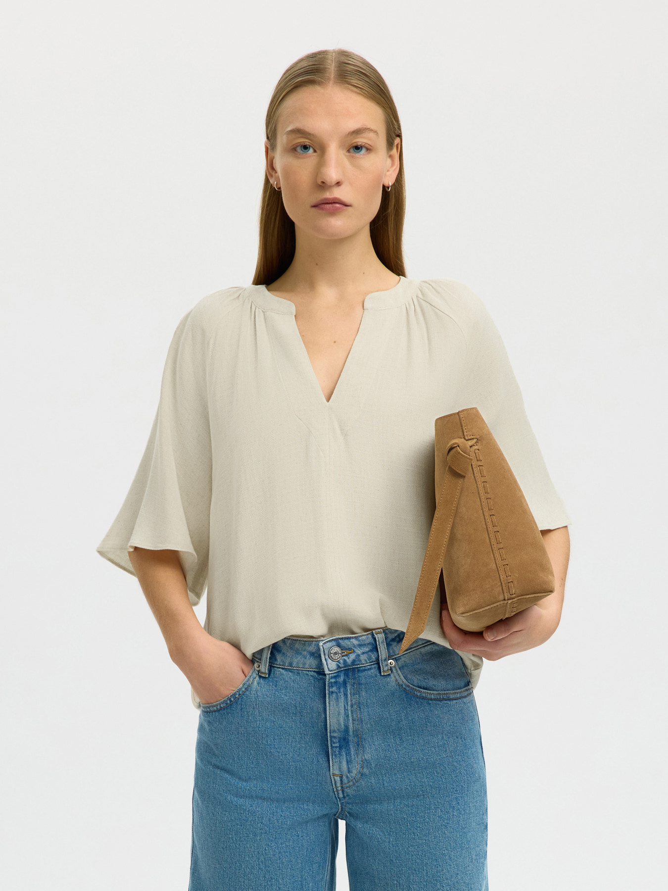 SLWVIVA 2/4 V-NECK LINEN BLEND TOP NOOS Sandshell - 2