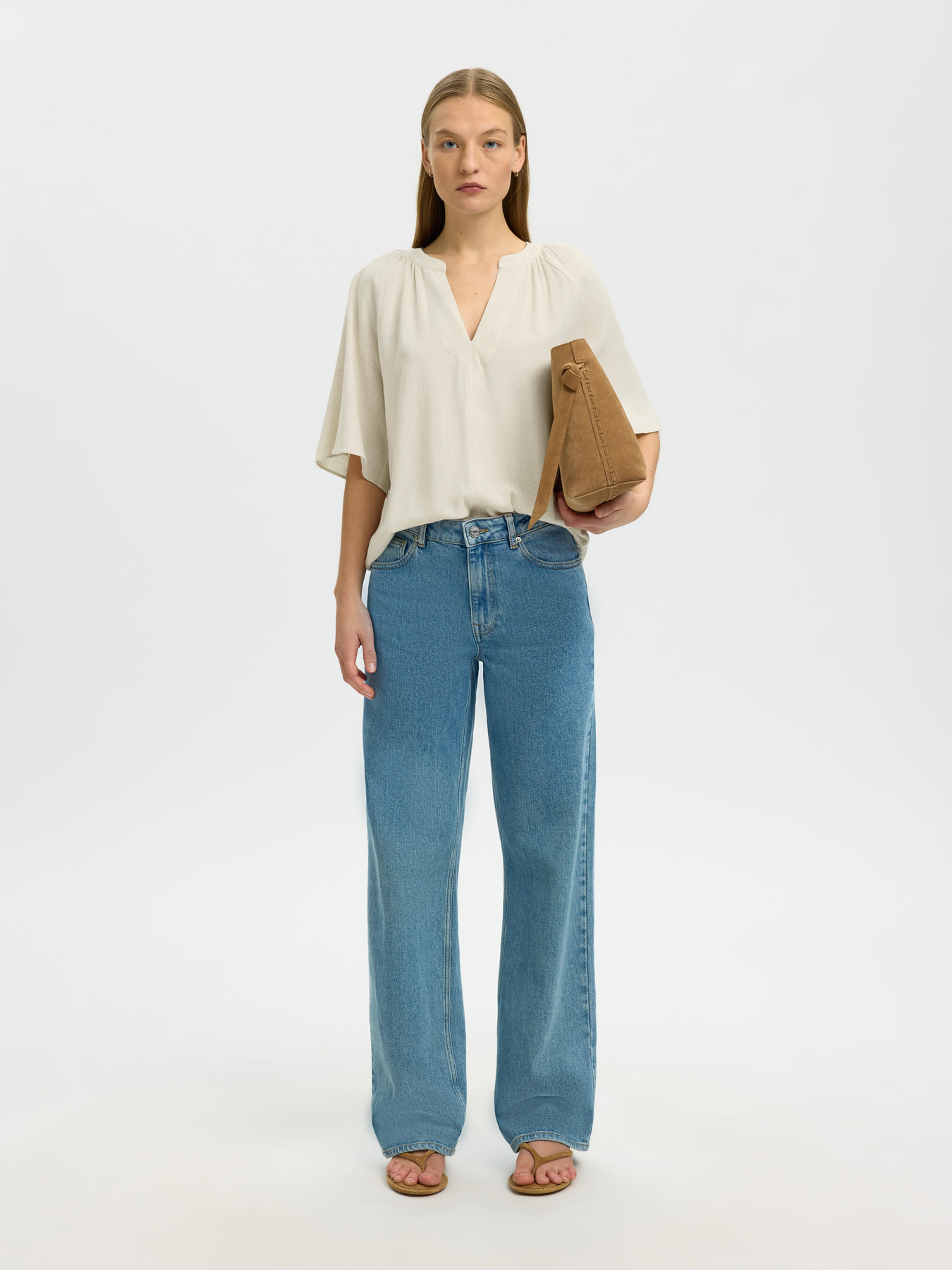 SLWVIVA 2/4 V-NECK LINEN BLEND TOP NOOS Sandshell - 4