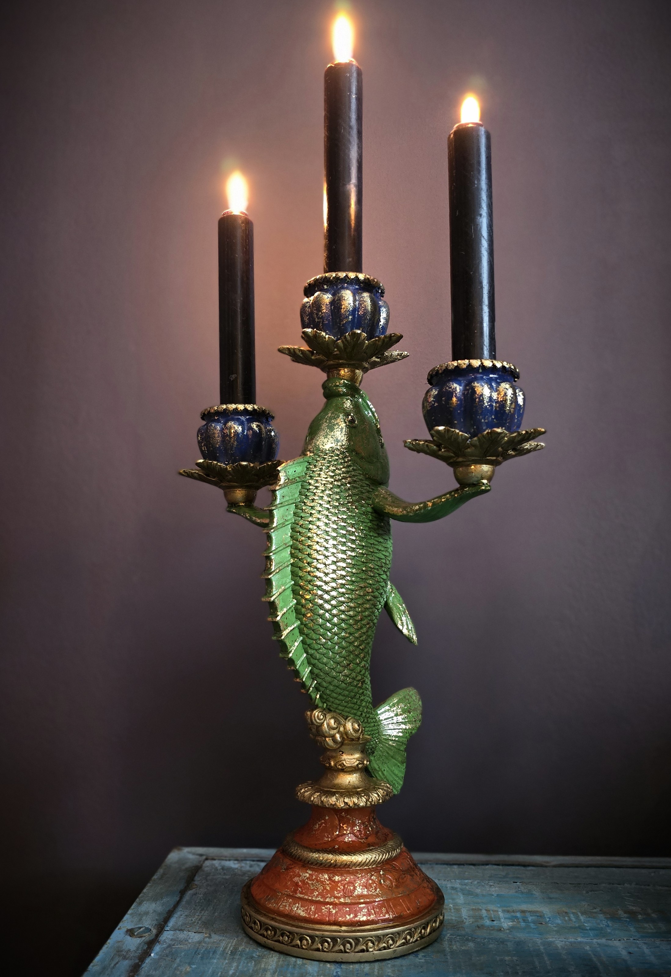Trearmad Ljusstake - Green Fish
