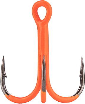 Högkvalitativa UV-orange trekrokar från MIKADO, vars spets är tillverkade med Delta Point-teknik. 6-pack