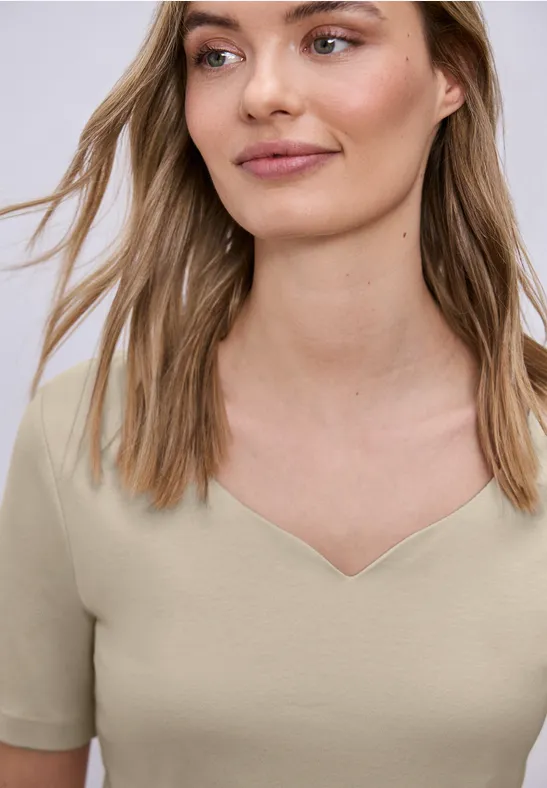 T-shirt med hjärtformad halsringning Cotton Beige - 3