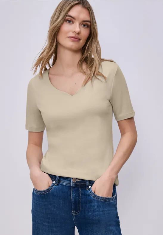 T-shirt med hjärtformad halsringning Cotton Beige - 6