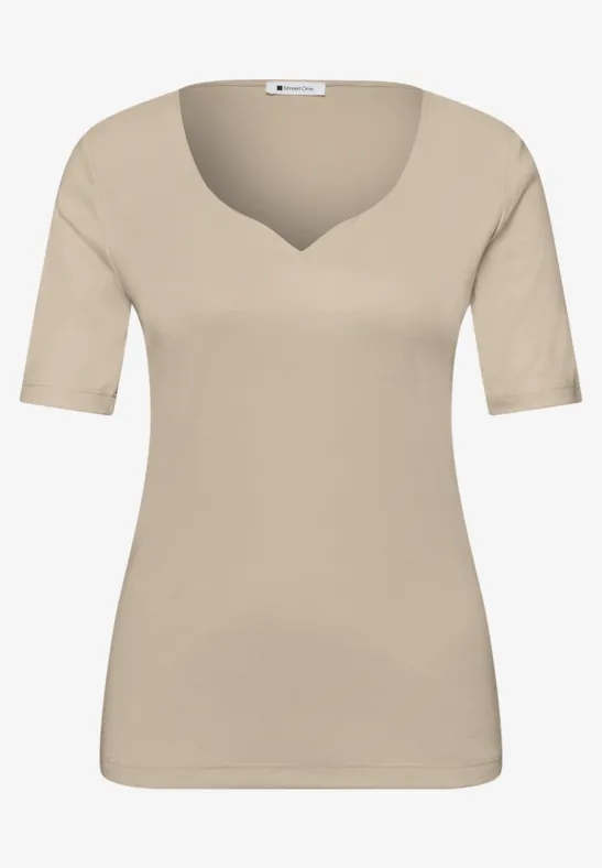 T-shirt med hjärtformad halsringning Cotton Beige