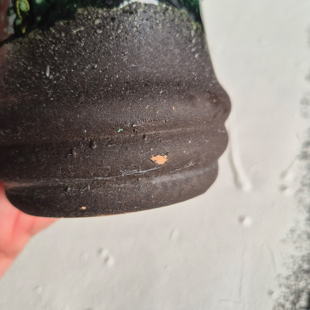 vintage VAS fat lava glasyr i grönt, vitt och brunt, Strehla GDR, h 14,9 cm - 7