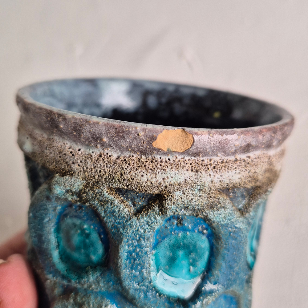 vintage VAS med fat lavaglasyr i grått och turkost, h 15 cm - 7