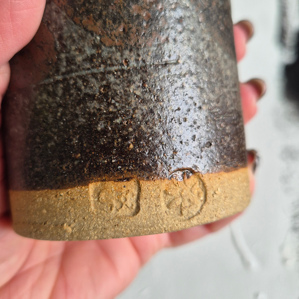 vintage VAS med grågrön och brun glasyr, h 13 cm - 5