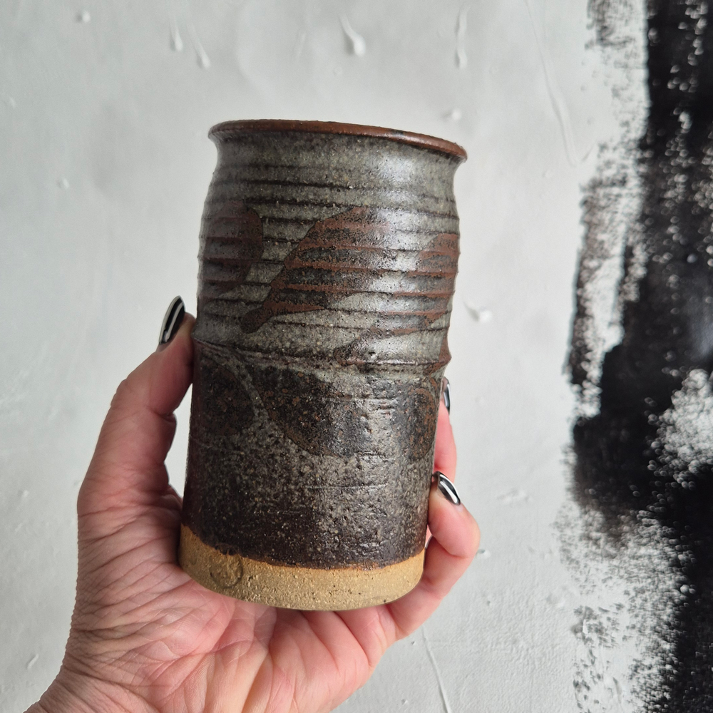 vintage VAS med grågrön och brun glasyr, h 13 cm - 4