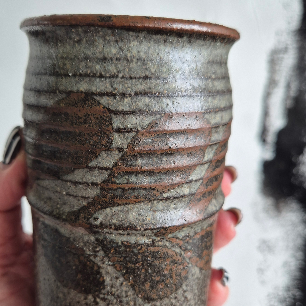 vintage VAS med grågrön och brun glasyr, h 13 cm - 6