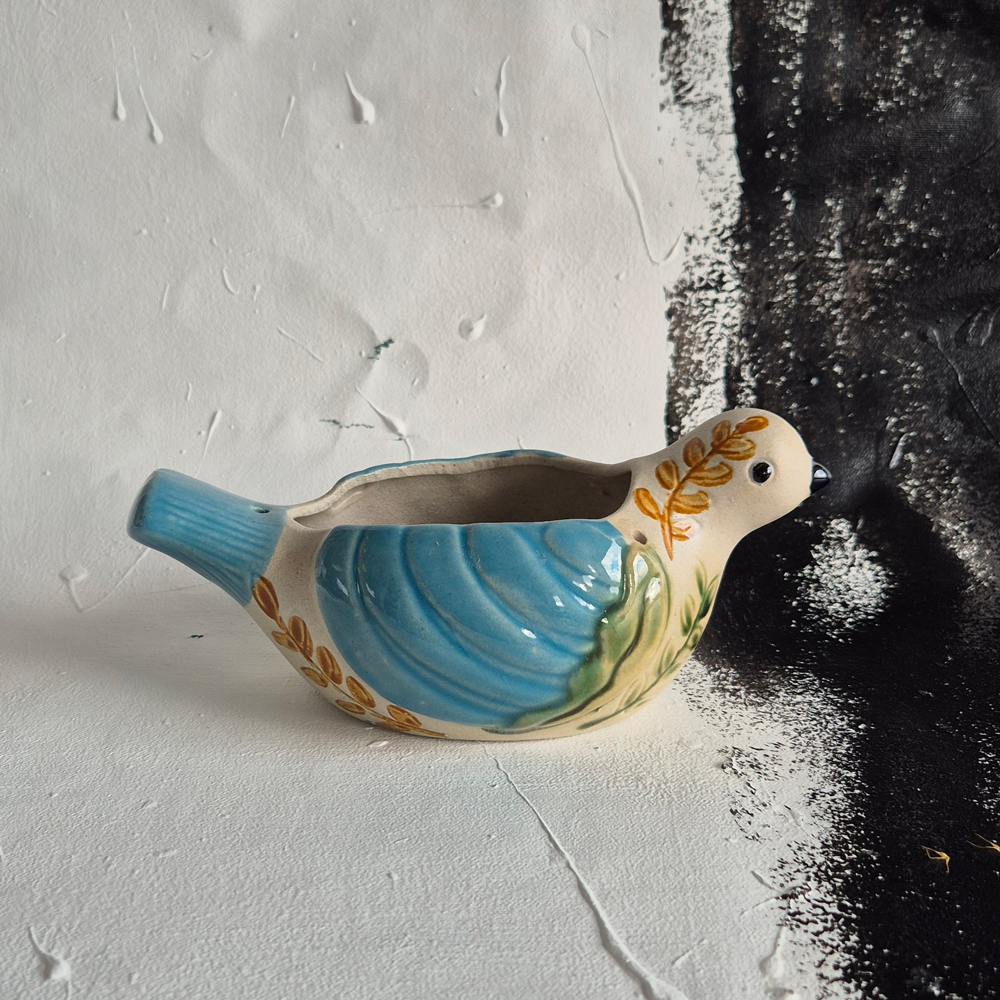 vintage BLOMKRUKA/SKÅL, fågel med mönster i turkost, brunt och grönt, l 23 cm - 4