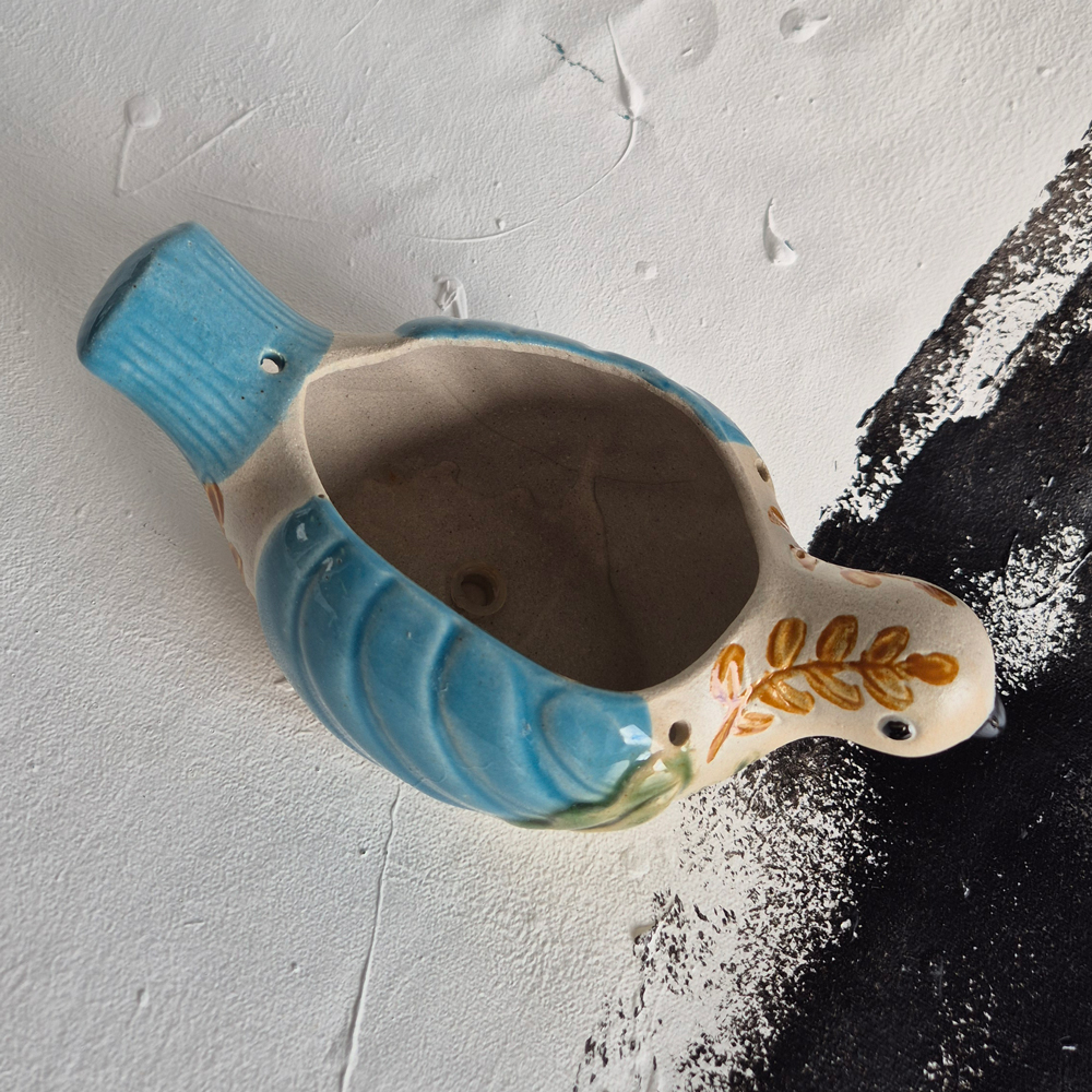 vintage BLOMKRUKA/SKÅL, fågel med mönster i turkost, brunt och grönt, l 23 cm - 6