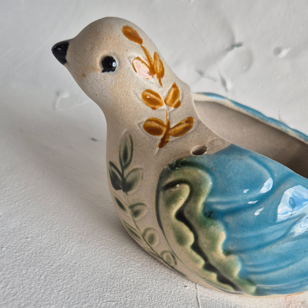 vintage BLOMKRUKA/SKÅL, fågel med mönster i turkost, brunt och grönt, l 23 cm - 3