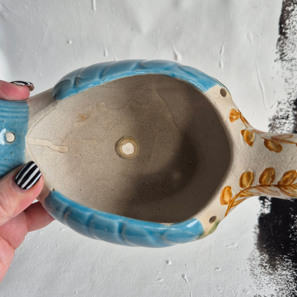 vintage BLOMKRUKA/SKÅL, fågel med mönster i turkost, brunt och grönt, l 23 cm - 8