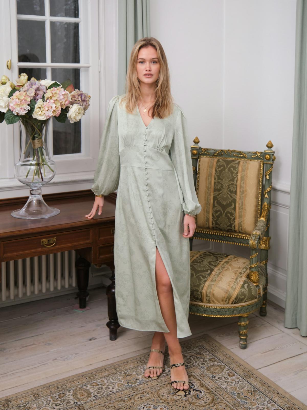 Neo Noir Alto Pattern Sateen Dress,  Light Green - 6