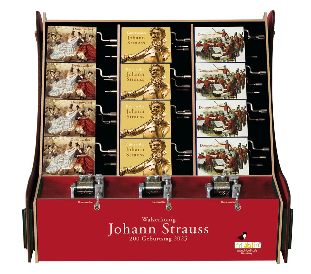 Spilledåser, Art & Music Box-display, Johann Strauss, Borddisplay med 36 stk.+3 stk. demo. TEMA-produkt