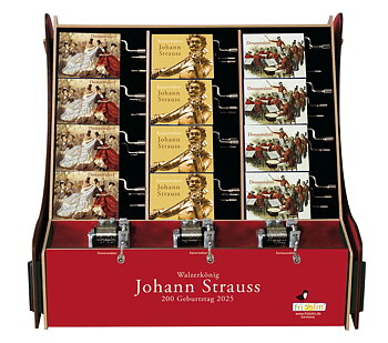 Spilledåser, Art & Music Box-display, Johann Strauss, Borddisplay med 36 stk.+3 stk. demo. TEMA-produkt