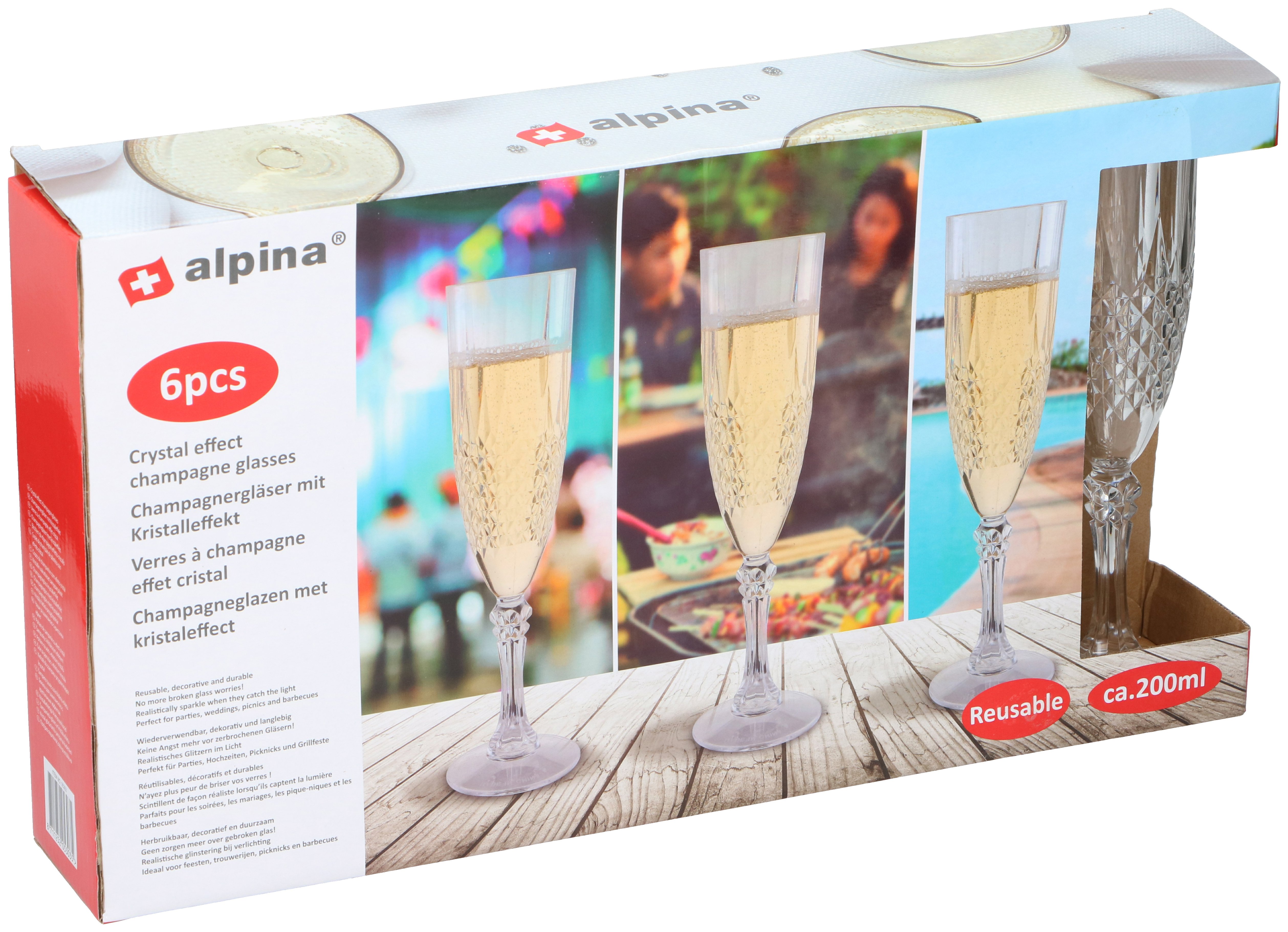 ALPINA Champagneglas 200 ml Crystal Effect – Återanvändbara Plastglas 6-pack