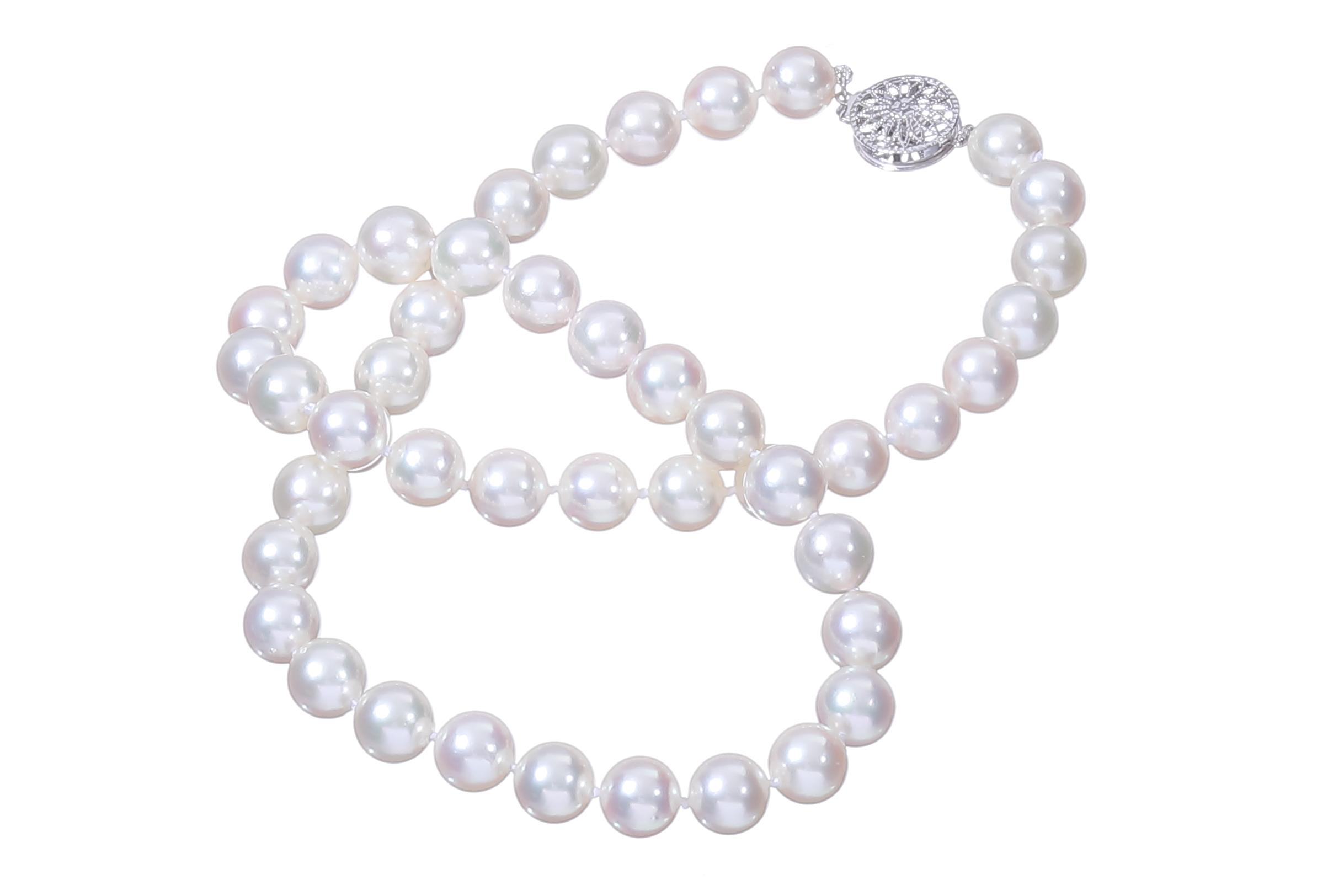Akoyapärlcollier med stora pärlor och lås i vitguld, AAA-Kvalitet 8.5-9mm - 4