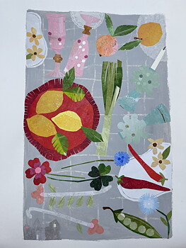 Collage "Middag för två" av Maria C Bernhardsson. Orginal utan ram. 70x50cm.