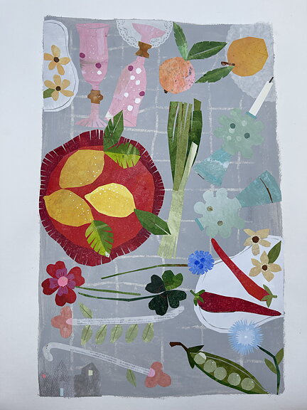 Collage "Middag för två" av Maria C Bernhardsson. Orginal utan ram. 70x50cm.