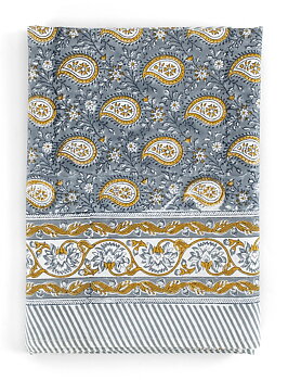 Chamois Botanical Tablecloth Paisley Blue & Ochre
