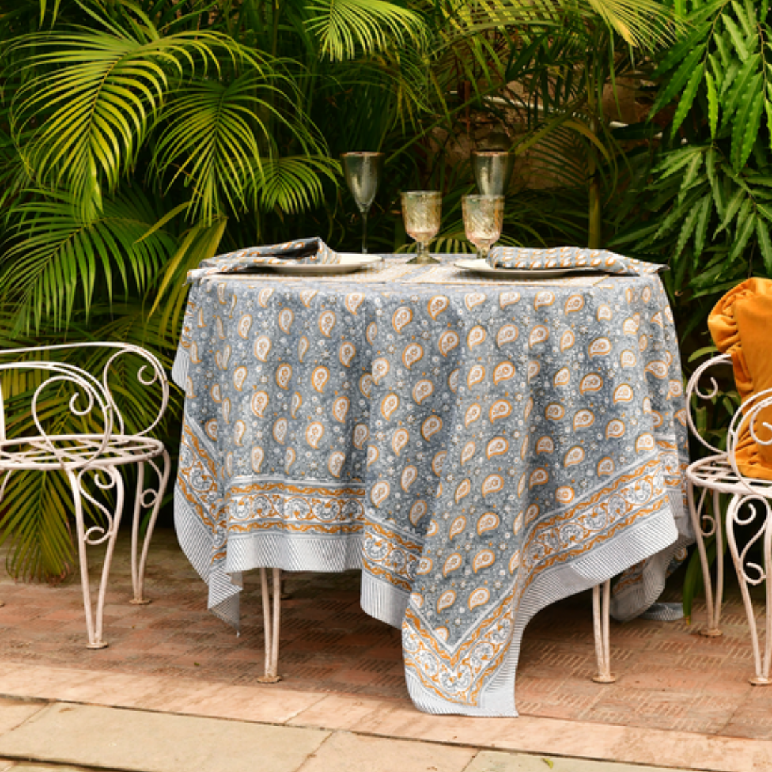 Chamois Round Tablecloth Botanique Paisley Blue & Ochre