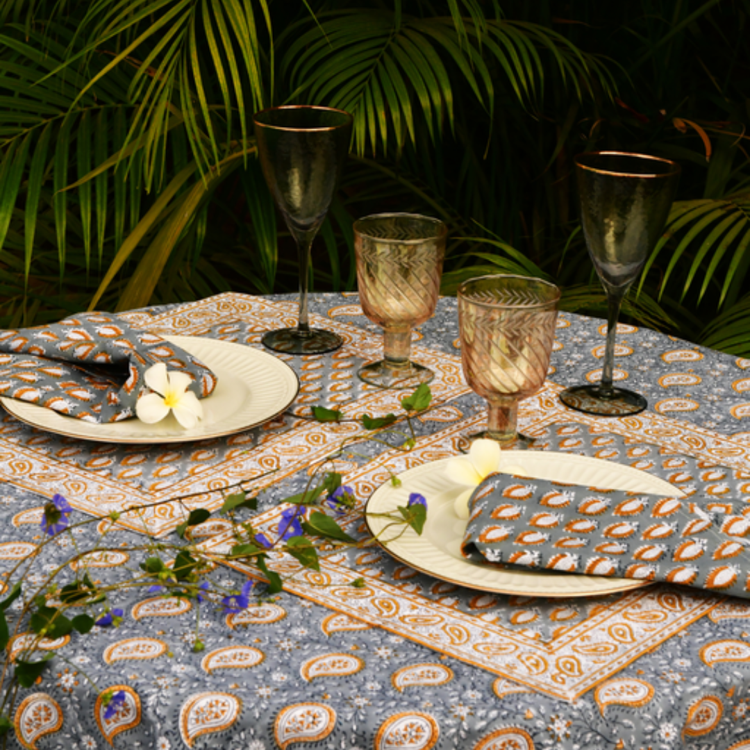 Chamois Round Tablecloth Botanique Paisley Blue & Ochre - 3