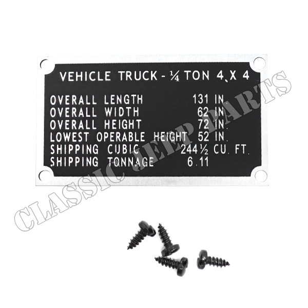 Data plate shipping FORD GPW with screws