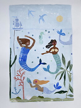 Collage "Sjöjungfrusagan" av Maria C Bernhardsson. Orginal med ram. 56cm x76cm