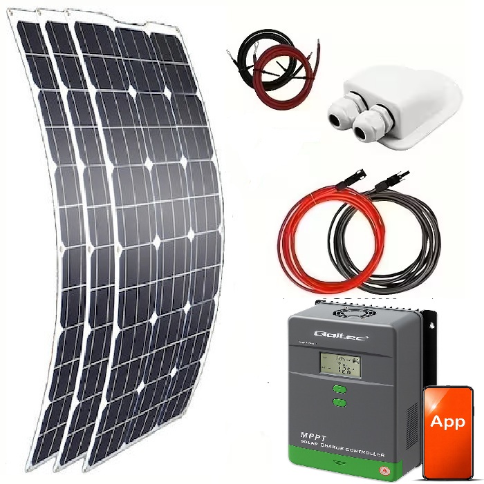Solpanelspaket Solmax 450W med 3 st. 150W flexibel solpanel och 60A MPPT regulator, Bluetooth, 12/24V, husbil - husvagn - båt