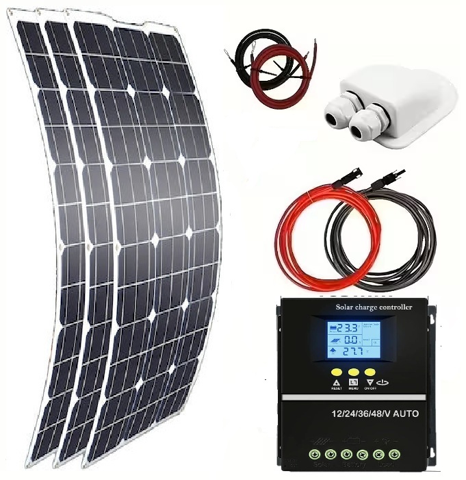 Solpanelspaket Solmax 450W med 3 st. 150W flexibel solpanel och 60A MPPT regulator, 12/24V, husbil - husvagn - båt