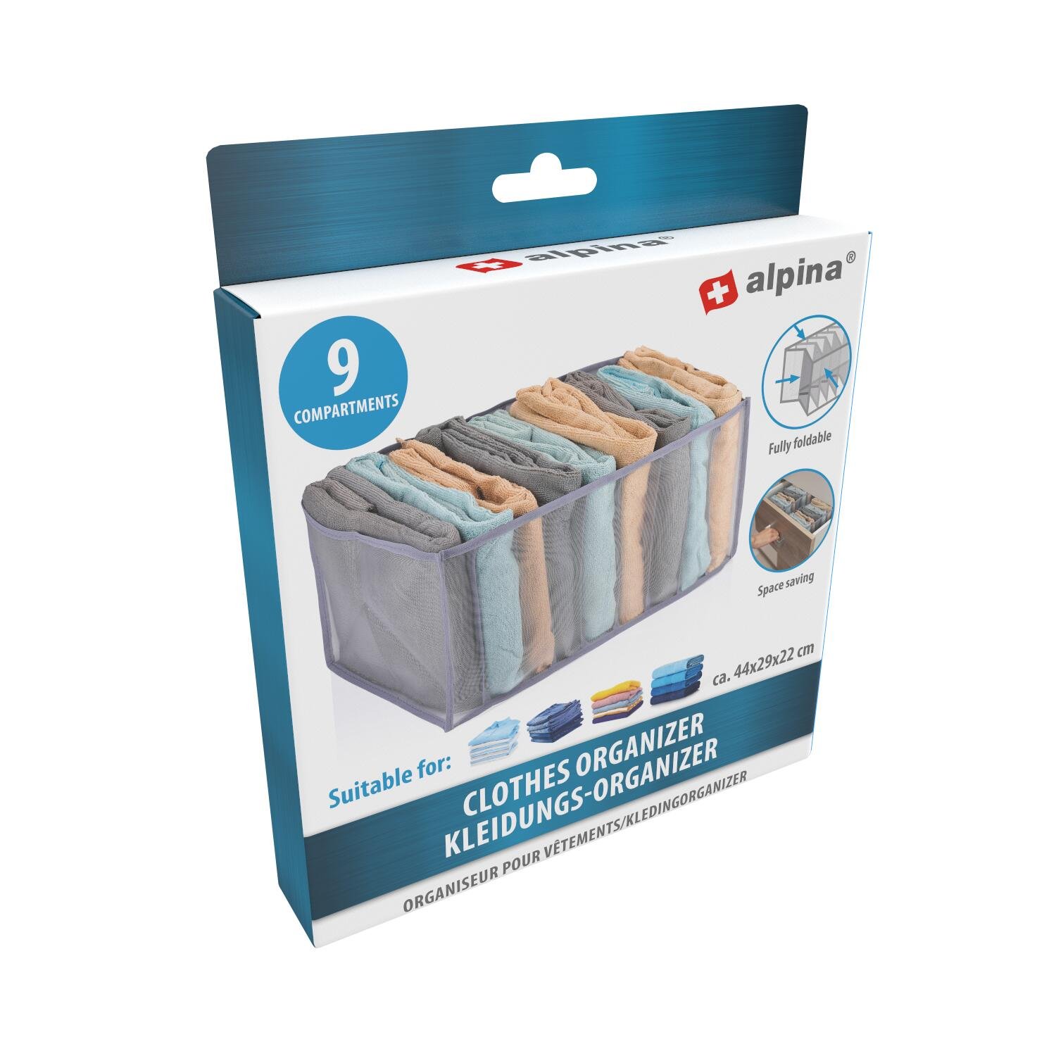 ALPINA Klädorganiserare 44x29x22 cm – 9 Fack för Optimal Garderobsförvaring - 2