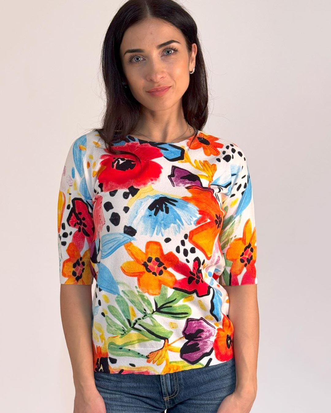 Jumper finstickad blommönstrad orange/blå