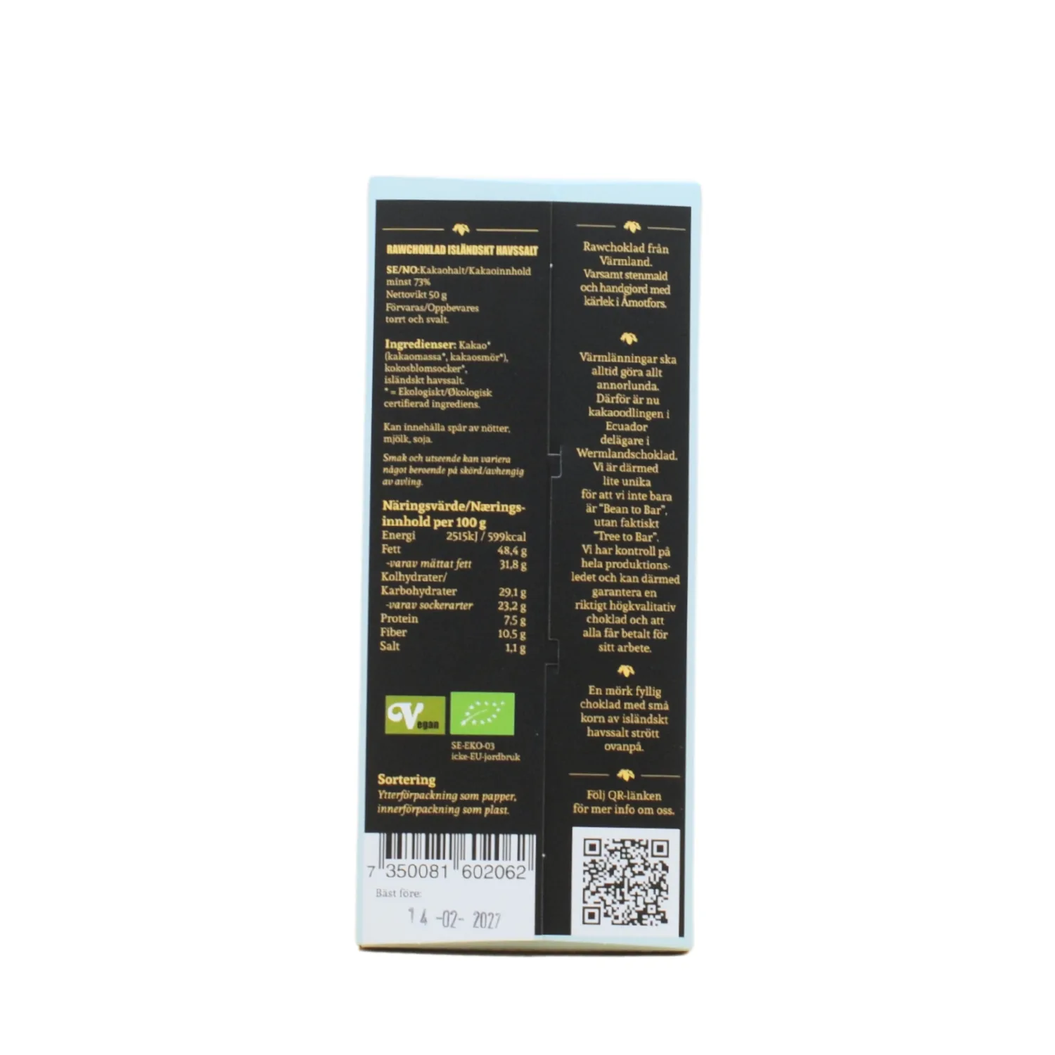 Raw Chocolate Icelandic Sea Salt 73% 50g EKO, Wermland - 2