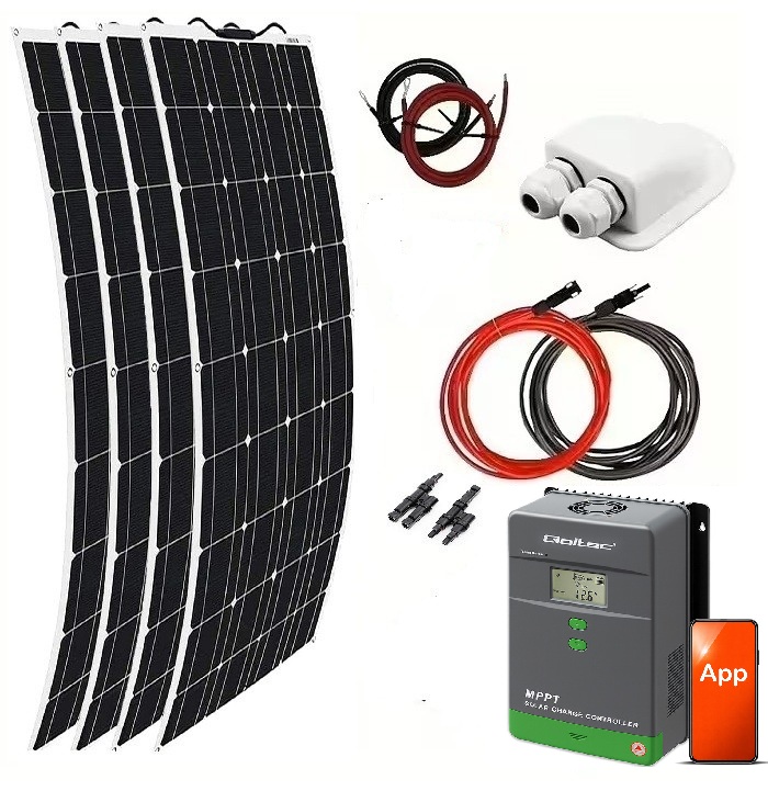 Solpanelspaket Solmax 600W med 4 st. 150W flexibel solpanel och 60A MPPT, Bluetooth regulator, 12/24V, husbil - husvagn - båt