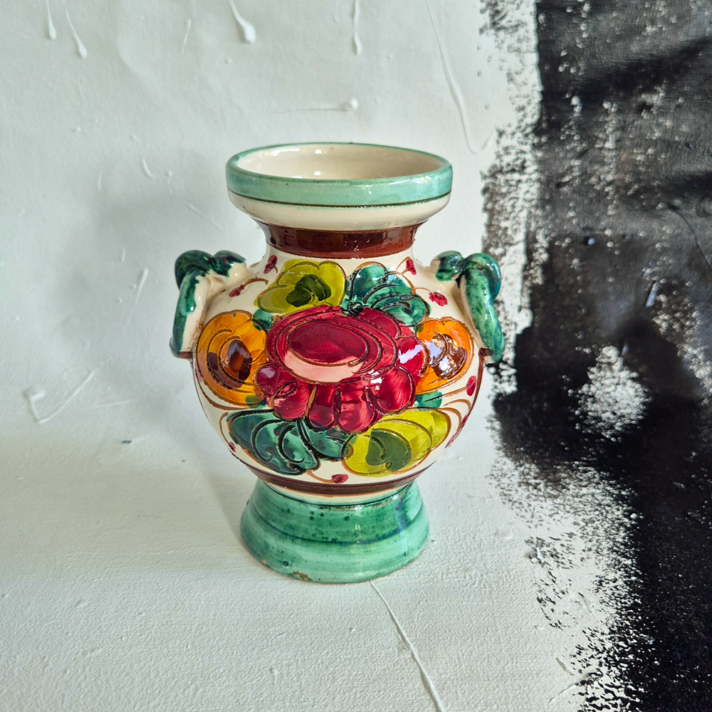 vintage VAS med flerfärgat blommönster och gröna detaljer, Italy, h 15 cm - 4