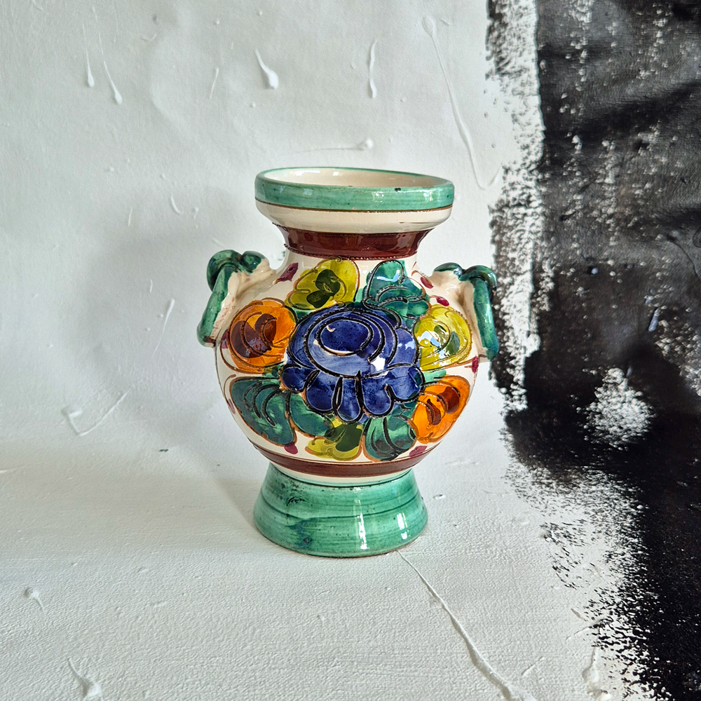 vintage VAS med flerfärgat blommönster och gröna detaljer, Italy, h 15 cm
