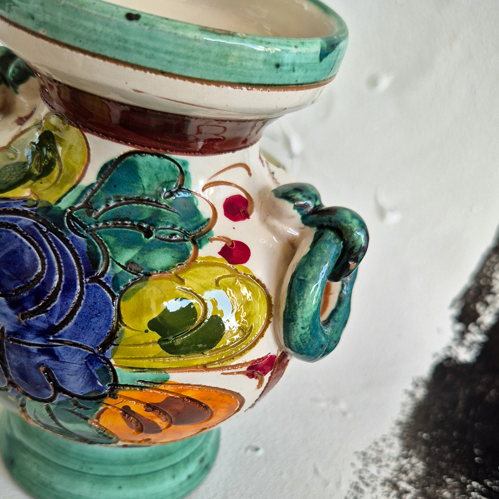 vintage VAS med flerfärgat blommönster och gröna detaljer, Italy, h 15 cm - 3
