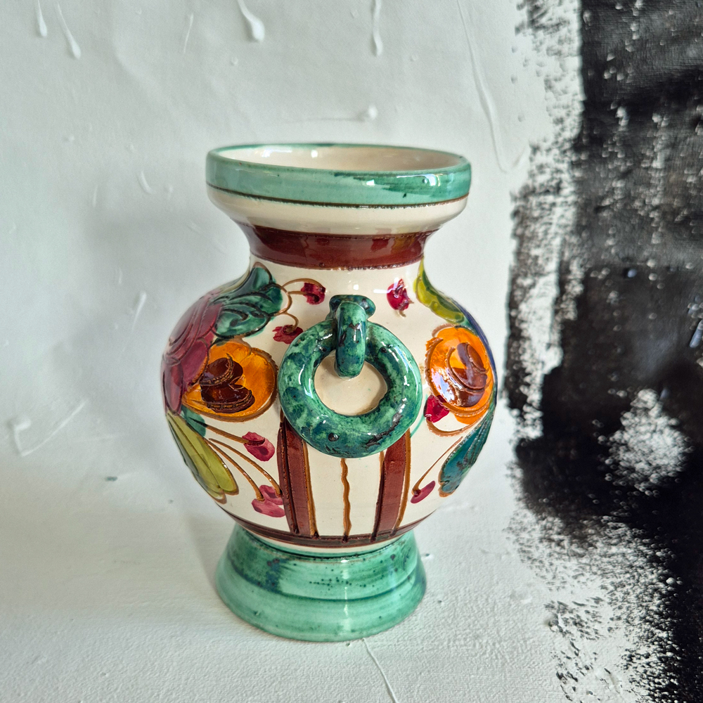 vintage VAS med flerfärgat blommönster och gröna detaljer, Italy, h 15 cm - 14